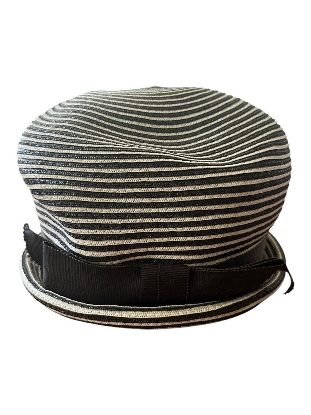 Vintage Chapeaux Louise Straw Derby Hat Black White Striped Ribbon Bow - Picture 1 of 5